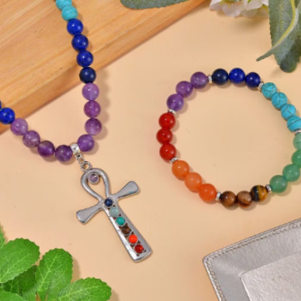 Multi Gemstone Beaded Seven Chakra Cross Necklace and Stretch Bracelet